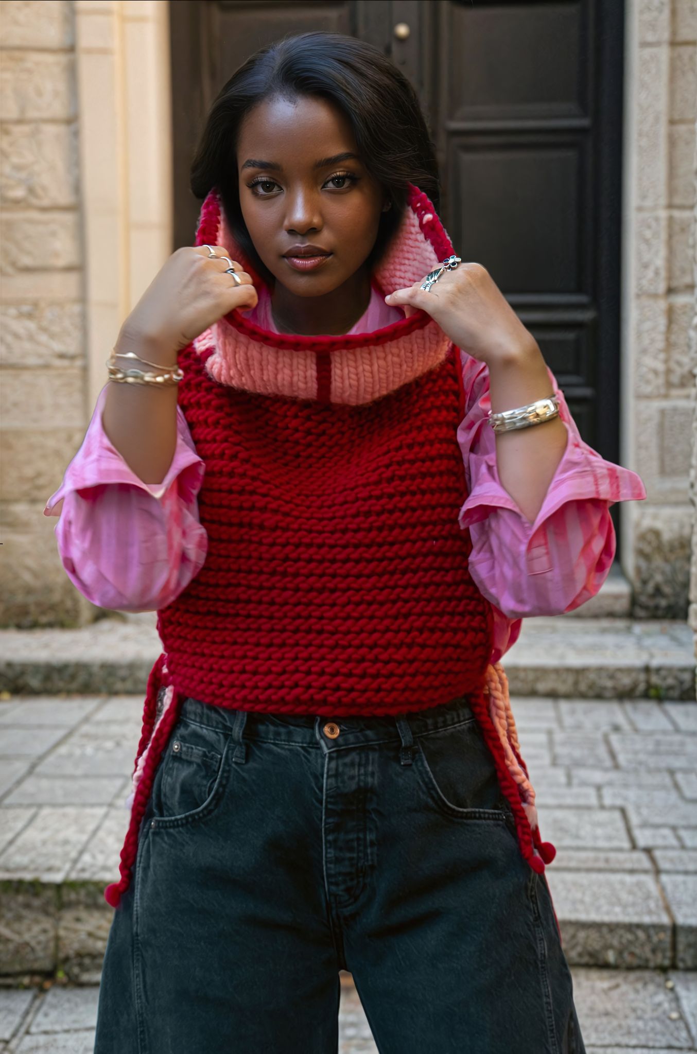 Red & pink juxtaposed vest