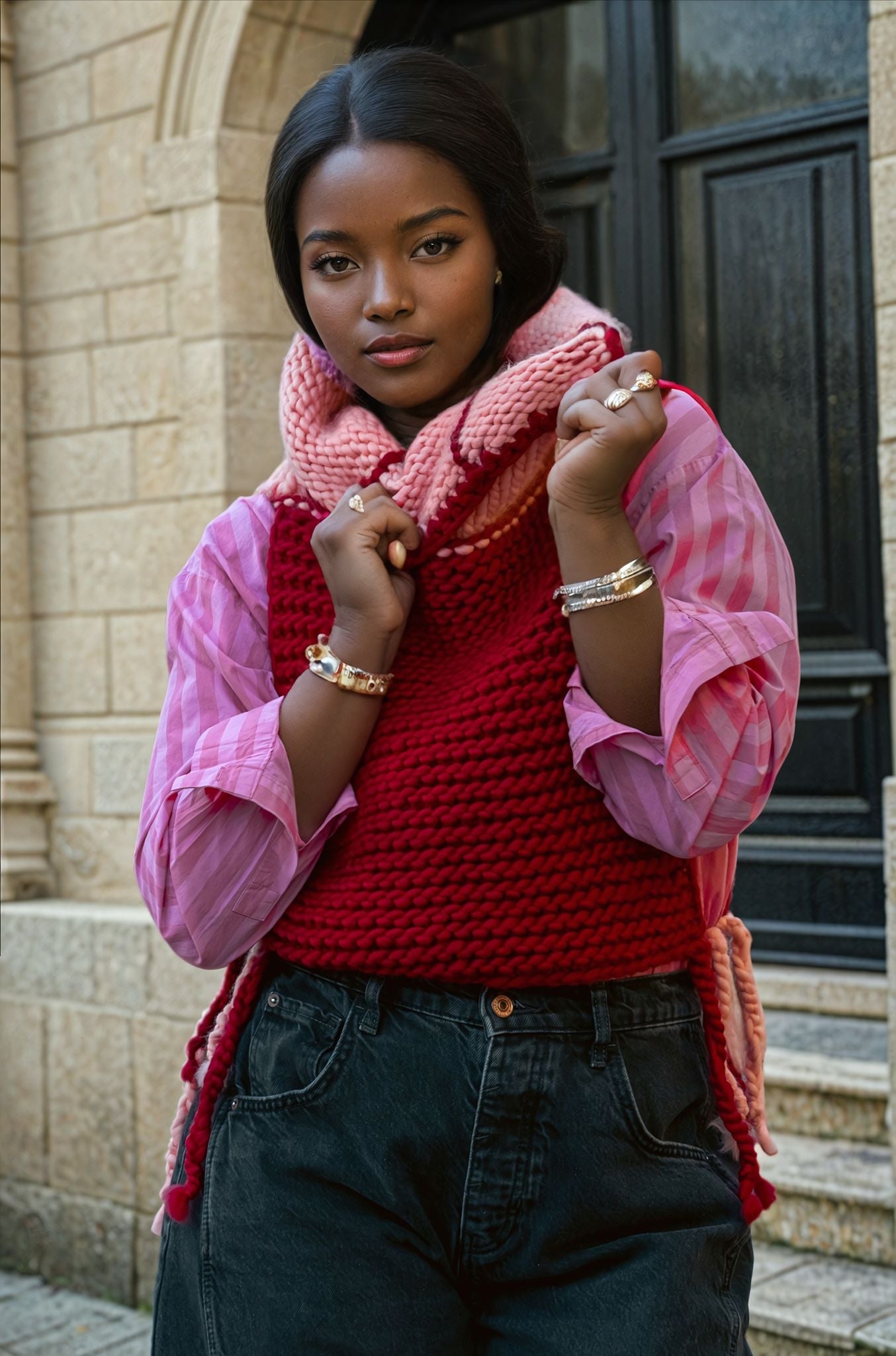 Red & pink juxtaposed vest