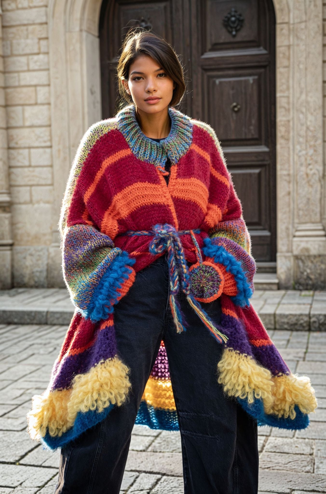 Juxtaposed frills and colors coat