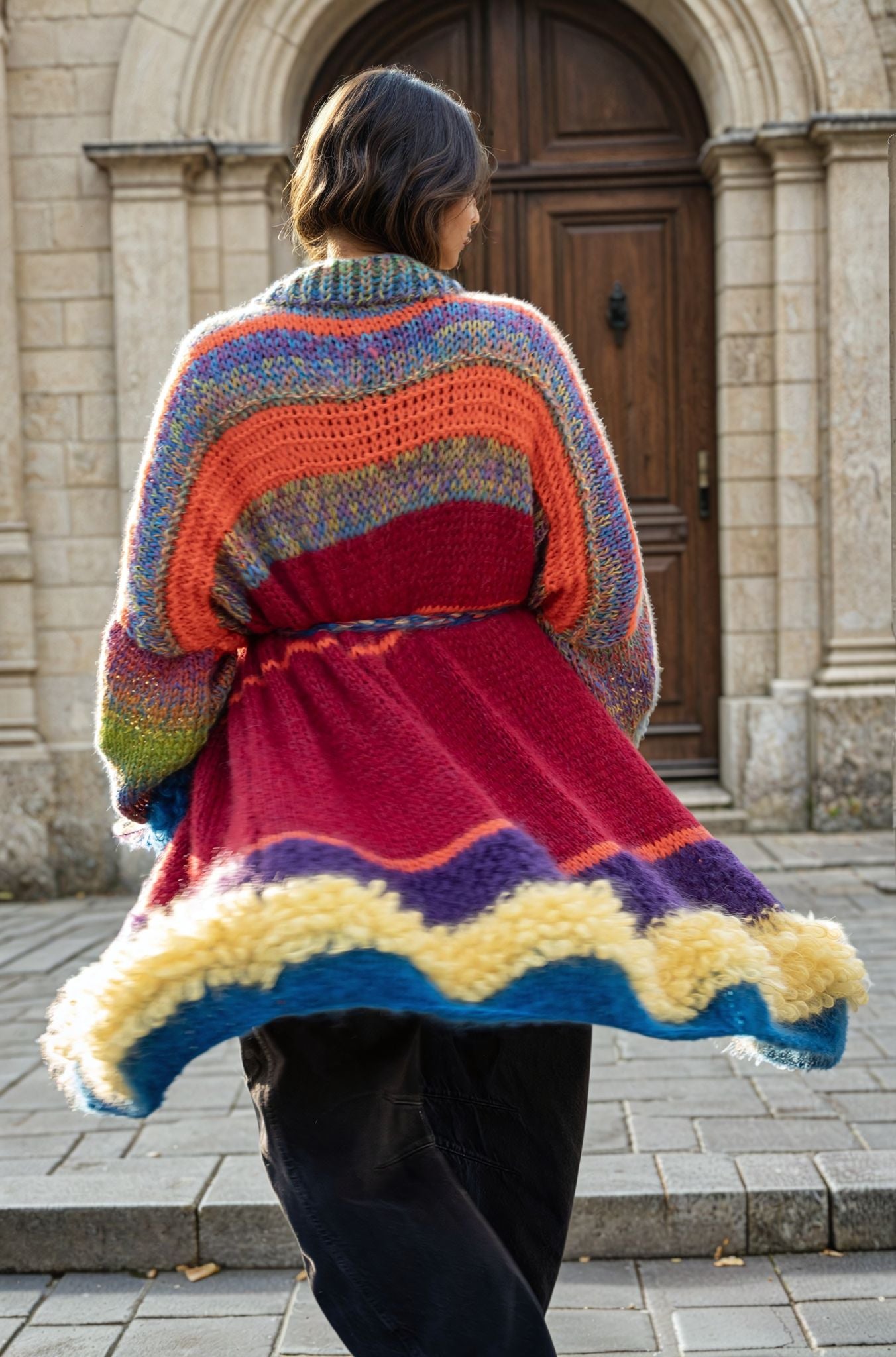 Juxtaposed frills and colors coat