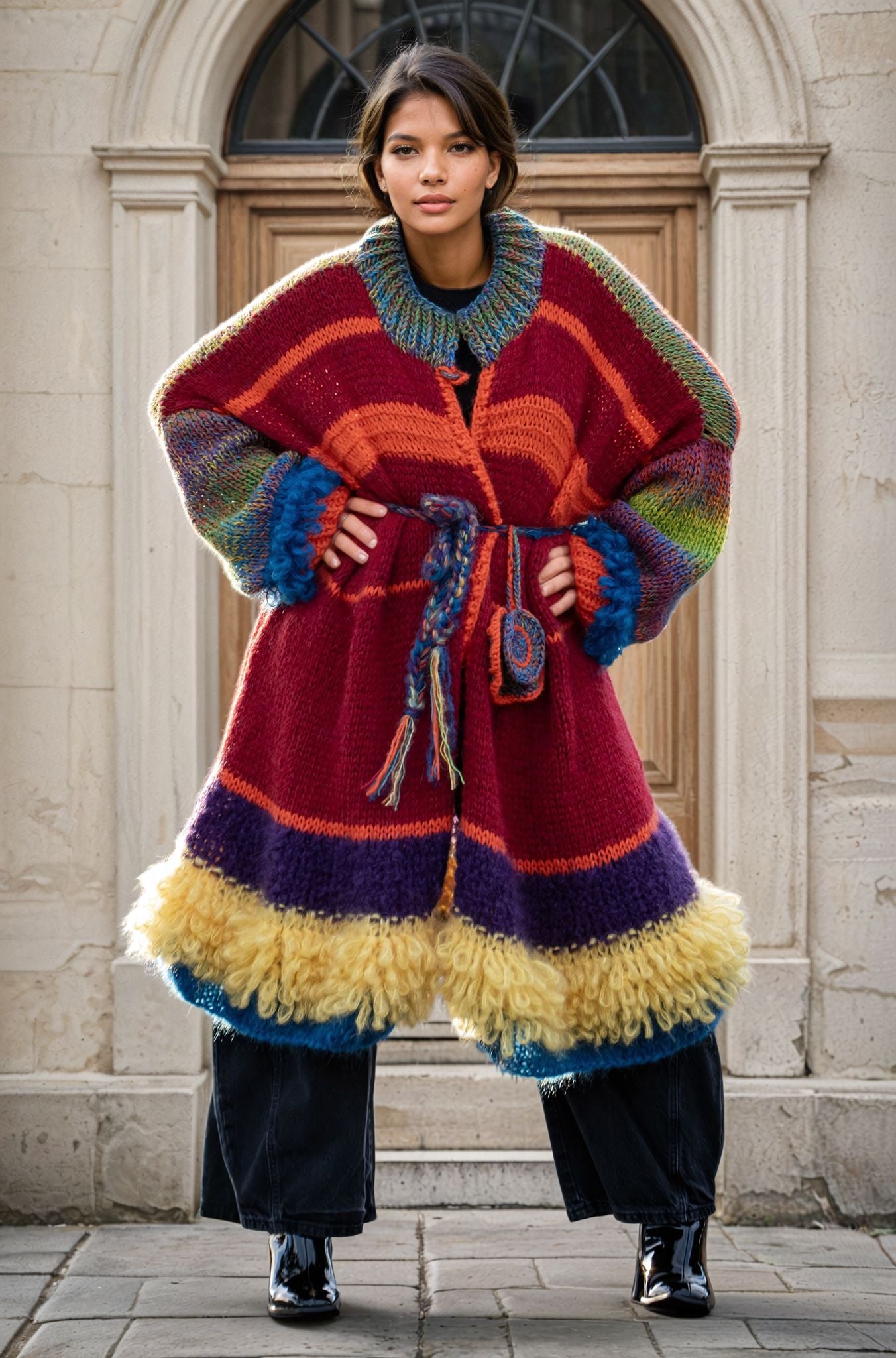 Juxtaposed frills and colors coat