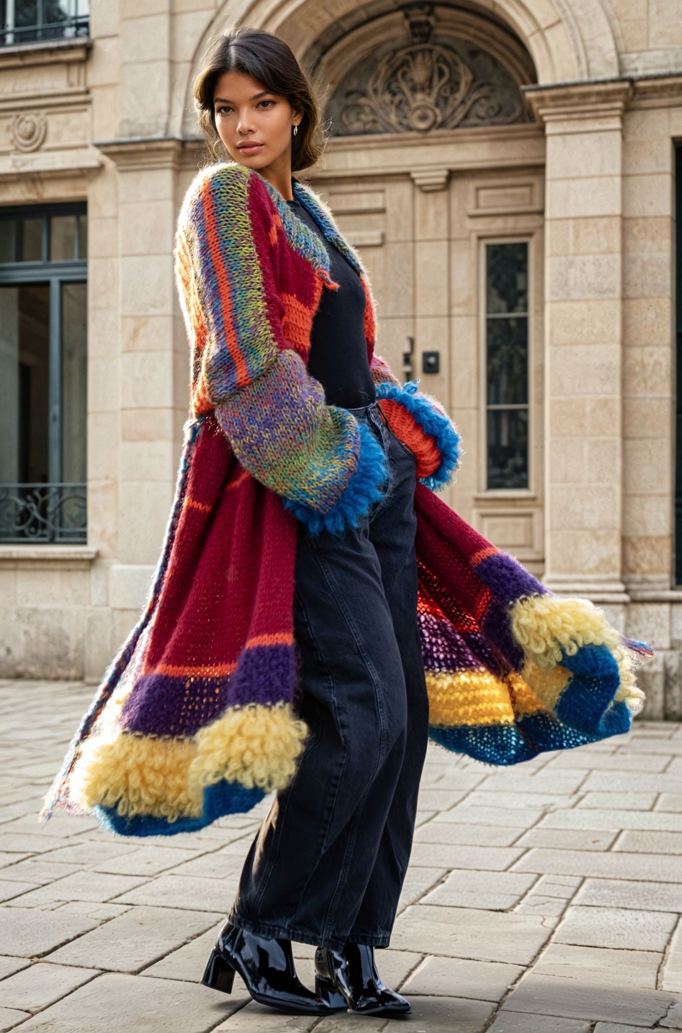 Juxtaposed frills and colors coat