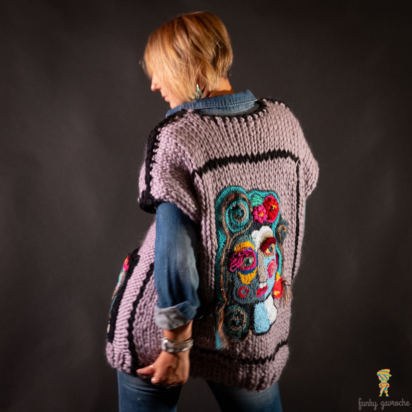 Mirrored Face free-form crochet vest