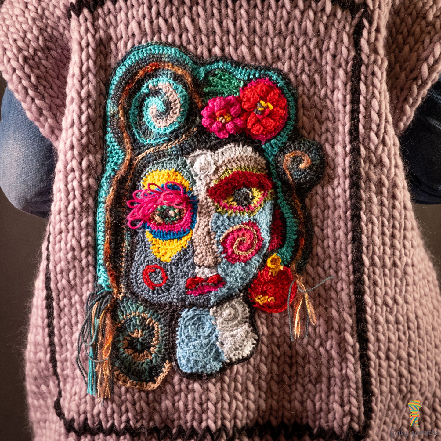 Mirrored Face free-form crochet vest