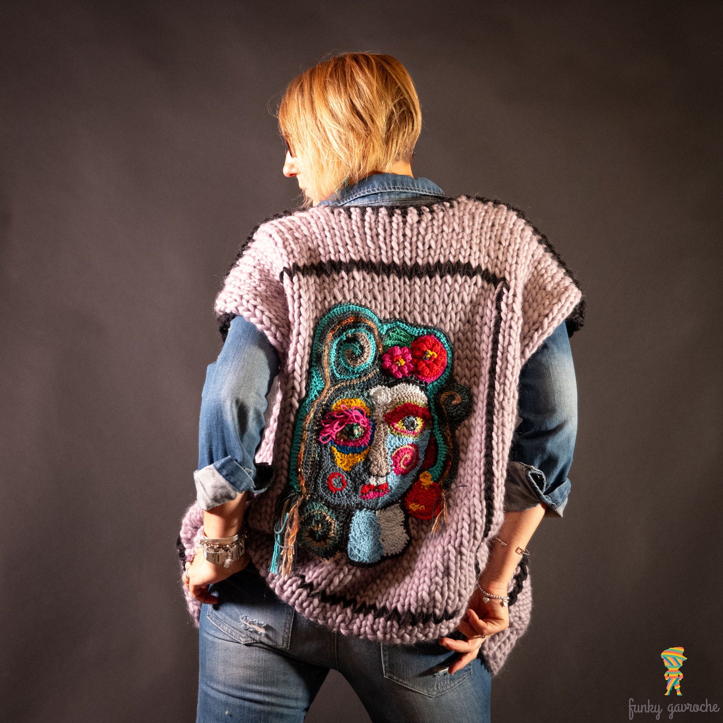 Mirrored Face free-form crochet vest