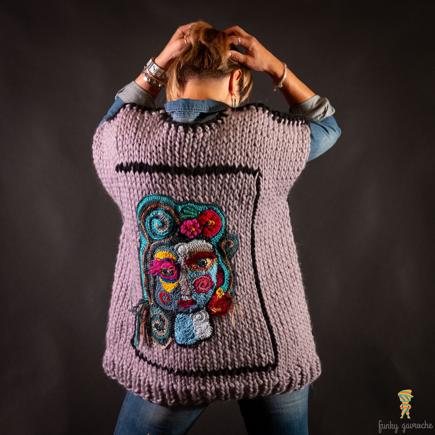 Mirrored Face free-form crochet vest